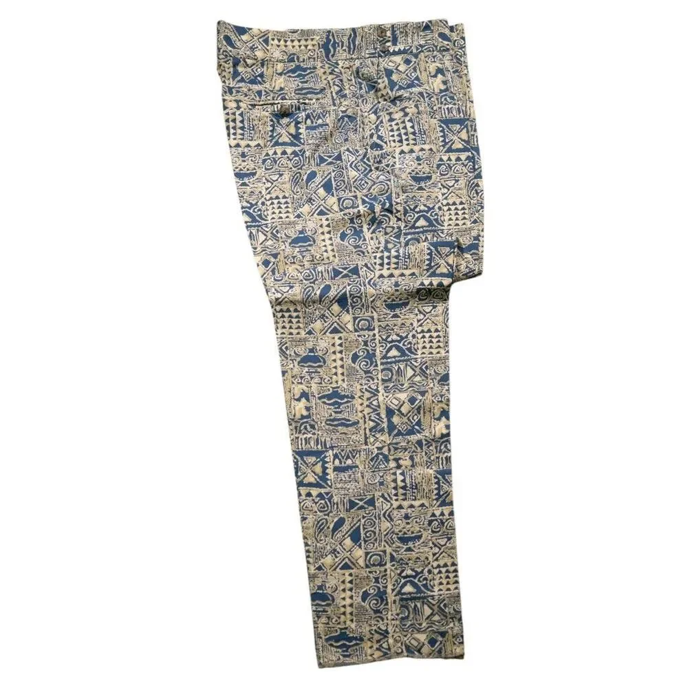 Mens Gurkha Pants 38 Blue Beige Block Print Chino Trousers Flat Front Straight